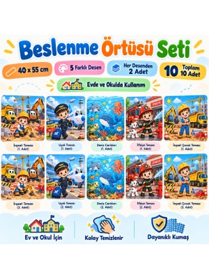 Leke Tutmayan Yıkanabilir Erkek Çocuk Beslenme Örtüsü ve Sıra Örtüsü 40X55 cm 10'lu Set 5 Farklı Desen
