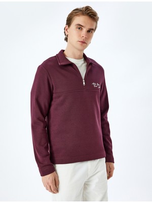 Koton Slogan Işlemeli Pamuk Karışımlı Şardonlu Dikiş Detaylı Yarım Fermuarlı Sweatshirt