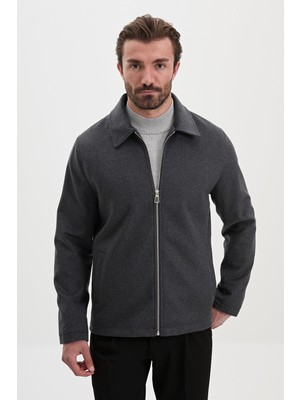 MCR Dokulu Slim Fit Gömlek Yaka Fermuarlı Yandan Cepli Yün Erkek Mont