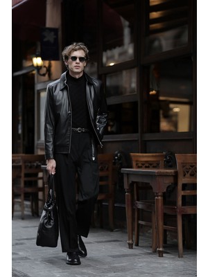 MCR Düz Slim Fit Gömlek Yaka Fermuarlı Suni Deri Erkek Mont
