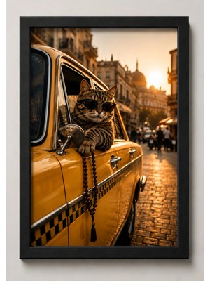 Vexart Atelier Retro Kedi Poster – Sarı Taksi ve Şehir Manzarası Vintage