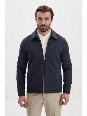MCR Dokulu Slim Fit Gömlek Yaka Fermuarlı Yandan Cepli Yün Erkek Mont