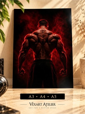 Vexart Atelier Kaslı Erkek Sırt Poster Siyah Kırmızı Fitness Bodybuilding Gym Spor Salonu Duvar Dekoru
