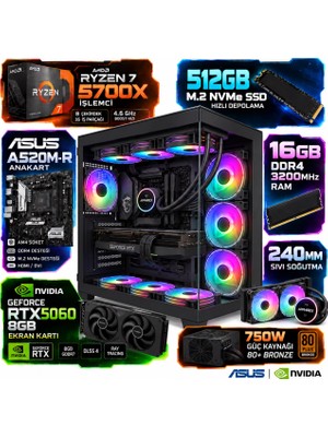 Apphirex Aim X80 R7 5700X/ASUS A520M-R/8GB RTX5060/16GB RAM/512GB M.2 Ssd/sıvı Soğutmalı Beyaz Masaüstü Oyuncu Bilgisayarı