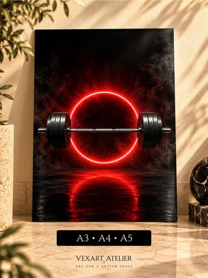 Vexart Atelier Kırmızı Neon Barbell Poster Fitness Gym Spor Salonu Modern Duvar Dekoru Premium Baskı