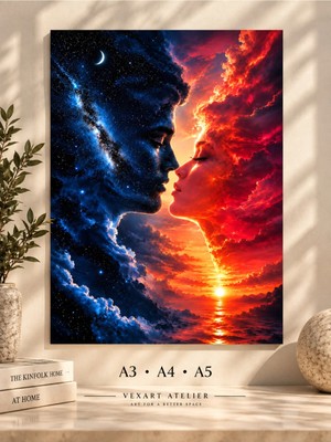 Vexart Atelier Gece ve Gündüz Poster – Night Day Duvar Dekoru – Ay Güneş Zıtlık Denge Temalı Modern Sanat Baskısı A3 A4 A5