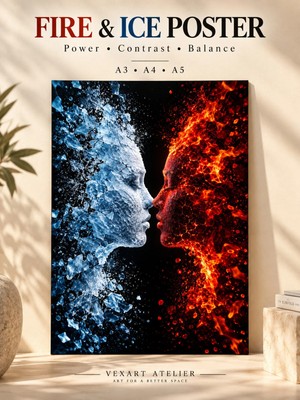 Vexart Atelier Ateş Su Temalı Çift Posteri – Modern Duvar Dekoru – Mavi Kırmızı Zıtlık Sanat Baskısı Çerçevesiz A3 A4 A5