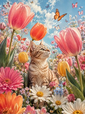 Vexart Atelier Çiçekler Arasında Kedi Poster Renkli Dekoratif Duvar Tablosu Kedi Severlere Hediye