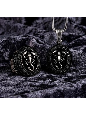 Takılingo 925 Ayar Gümüş Akrep Motifli Zirkon Erkek Yüzük Kolye Kombini