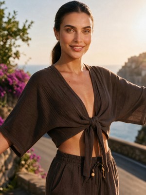 Önü Bağlamalı Crop Bolero - Geniş Kollu Müslin Yazlık Bluz