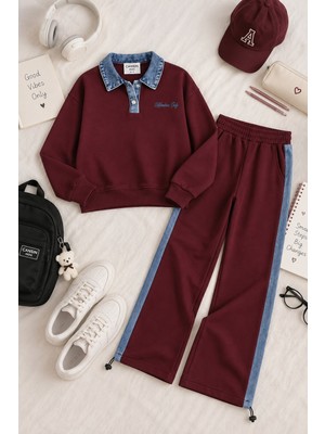 Cansın Mini Bordo Kız Çocuk Jean Yaka Detaylı Badili Lastikli Paça Pantolonlu Takım 24982