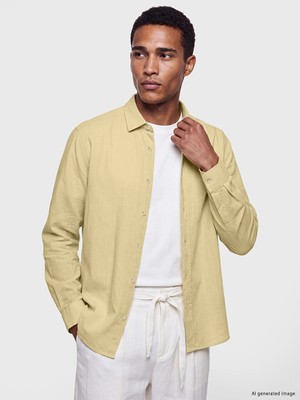 Lc Waikiki Yeni Sezon Sarı Regular Fit Keten Görünümlü Erkek Gömlek