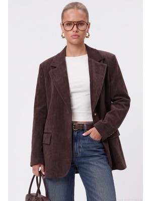 Ritnice Kadın Jonas Astarlı Cepli Kahverengi Lux Oversize Blazer Ceket