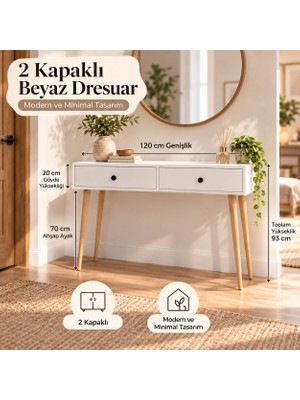 Alfa Miro Viva 120 cm -2 Kapaklı - Ahşap Ayaklı Dresuar -Beyaz