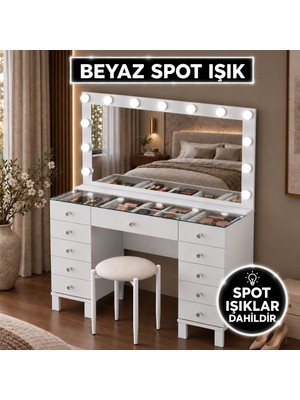 Rani Mobilya Rani BJ257 Hollywood Işıklı Aynalı Kulis Makyaj Masası Cam Tablalı 11 Çekmeceli Takı Düzenleyici Puf Takım Beyaz
