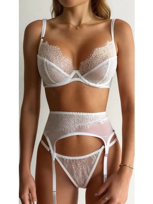 Peony Lingerie Tr Secret Garden Beyaz Dantel 4'lü Jartiyer Set İç Çamaşırı Takımı