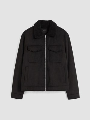 Lc Waikiki Yeni Sezon Siyah Regular Fit Kürk Yaka Süet Erkek Mont