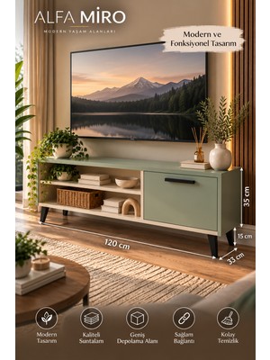 Alfa Miro Solenne Modern Tv Ünitesi - Tv Sehpası - Kum Beji - Su Yeşili - 120 cm