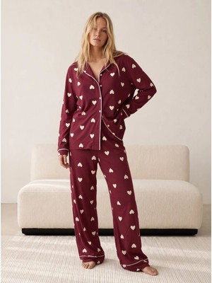 Siyah İnci Vişne Ekru Kalp Desenli Düğmeli Biyeli Oversize Pamuklu Örme Pijama Takım 8071