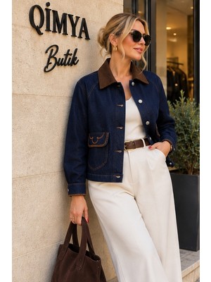 Qimya Butik Levure Kadife Yakalı Cep Kapakları Nakışlı Rahat Kesim Reglan Kol Rins Yıkama Kot Ceket