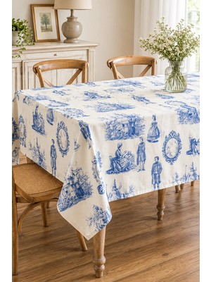 Luxoras Home Mavi Duck Kumaş Vintage Fransız Şato Desenli Dekoratif Masa Örtüsü