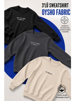 Damga 3 Adet Erkek Günlük Trend Bisiklet Yaka Baskılı Sweatshirt