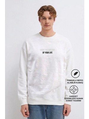 Damga Erkek Premium Pamuklu Bol Beyaz Baskılı Sweatshirt