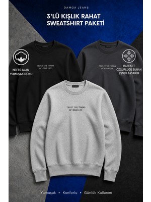 Damga 3 Adet Erkek Uzun Kol Baskılı Pamuklu Sweatshirt