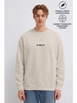 Damga Erkek Premium Pamuklu Bol Krem Baskılı Sweatshirt