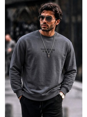 Damga Erkek Pamuklu Baskılı Regular Fit Füme Sweatshirt