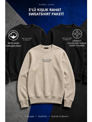Damga 3 Adet Erkek Uzun Kol Baskılı Pamuklu Sweatshirt