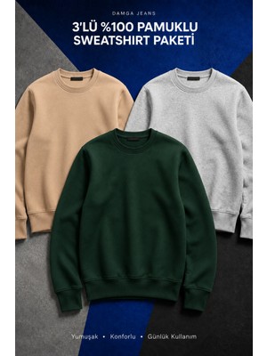 Damga 3 Adet Erkek Pamuklu Salaş Basic Kışlık Sweatshirt