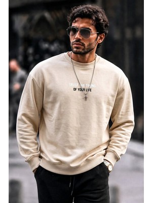Damga Erkek Pamuklu Baskılı Regular Fit Krem Sweatshirt