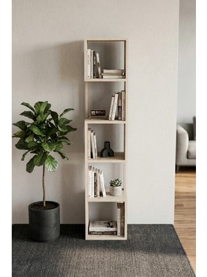 Bezos Kitaplık Ahşap Dekoratif Raf 5 Katlı Modern Çok Amaçlı Kitaplık Salon Ofis Kitaplığı 7065 Traverten