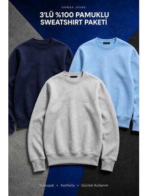Damga 3 Adet Erkek Pamuklu Salaş Basic Kışlık Sweatshirt