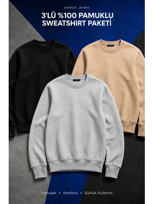 Damga 3 Adet Erkek Pamuklu Salaş Basic Kışlık Sweatshirt