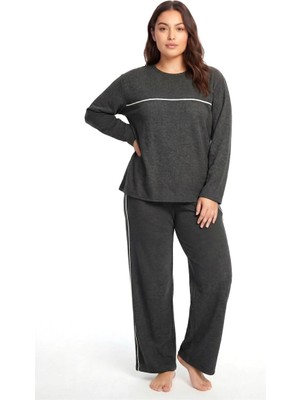 MiraLive Büyük Beden Şerit Detaylı Kalın Uzun Kollu Kadın Pijama Takımı  Antrasit