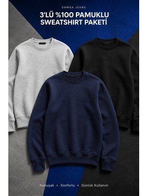 Damga 3 Adet Erkek Pamuklu Salaş Basic Kışlık Sweatshirt