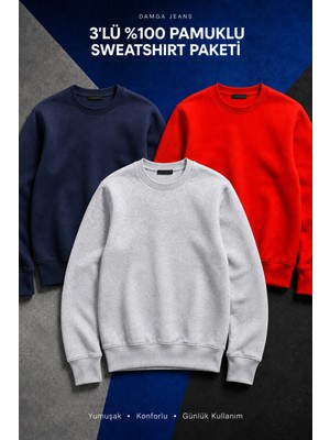 Damga 3 Adet Erkek Pamuklu Salaş Basic Kışlık Sweatshirt