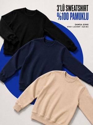 Damga 3 Adet Erkek Günlük Bisiklet Yaka Bol Sweatshirt