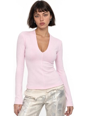 Hiccup Kadınlar Busem Slim Fit V Yaka Uzun Kollu Bluz Allık Pembe