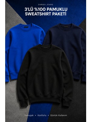 Damga 3 Adet Erkek Pamuklu Salaş Basic Kışlık Sweatshirt