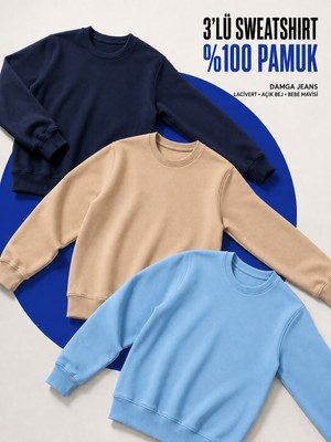 Damga 3 Adet Erkek Günlük Bisiklet Yaka Bol Sweatshirt