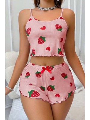 MiraLive Çilek Desenli Crop Askılı Şort Yazlık Pijama Takımı Ryl - S-49