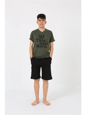 MiraLive Erkek Genç Garson Boy Kısa Kol Haki Penye Şortlu Pijama Takımı