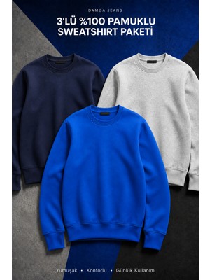 Damga 3 Adet Erkek Pamuklu Salaş Basic Kışlık Sweatshirt