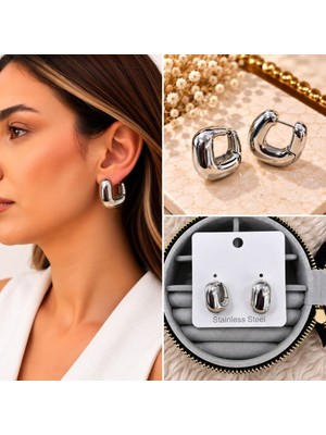 Fm 💎 Premium Parlak ve Şık Gümüş Renk Bombeli Oval Halka Kadın Çelik Küpe