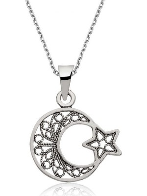 Bersel Butik 925 Ayar Gümüş Ay Yıldız Kadın Gümüş Kolye