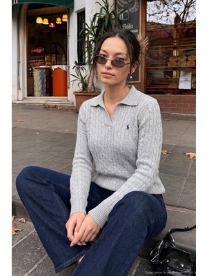 Lela Nakışlı Saç Örgülü Triko Polo Yaka Kazak Kadın Polo Yaka Kazak 680KZ1531