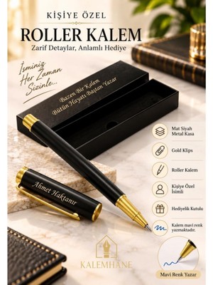 Kalemhane Kişiye Özel Isimli Mat Siyah Roller Kalem – Gold Klipsli, Hediyelik Kutulu